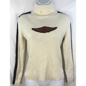 Harley Davidson Vintage Cream Rib Turtleneck Striped Arm with Logo Size Small